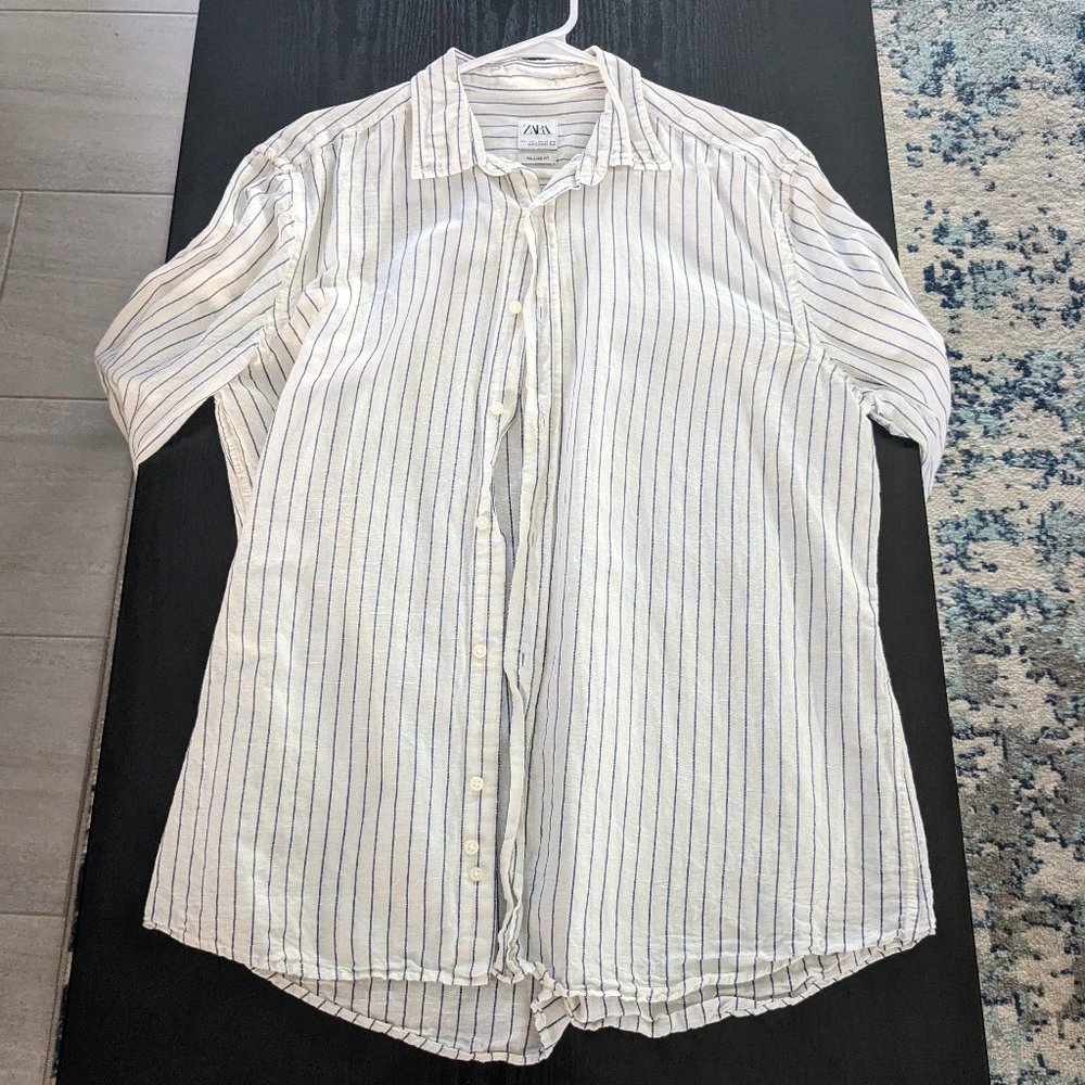 Zara STRIPED LINEN AND COTTON BLEND SHIRT - Size Large